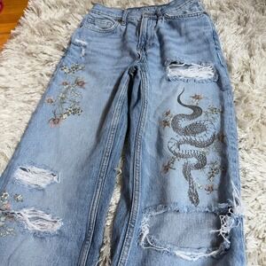 Arizona High Rise Baggy Skater Jeans Snake Floral Distressed Wide Leg Y2K 25x30